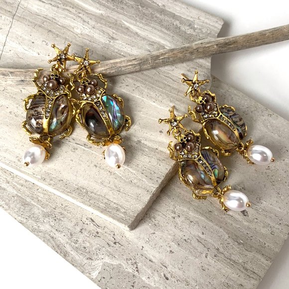 NEW~ Anthropologie Abalone Shell & Pearl Bug Earrings - Picture 2 of 9